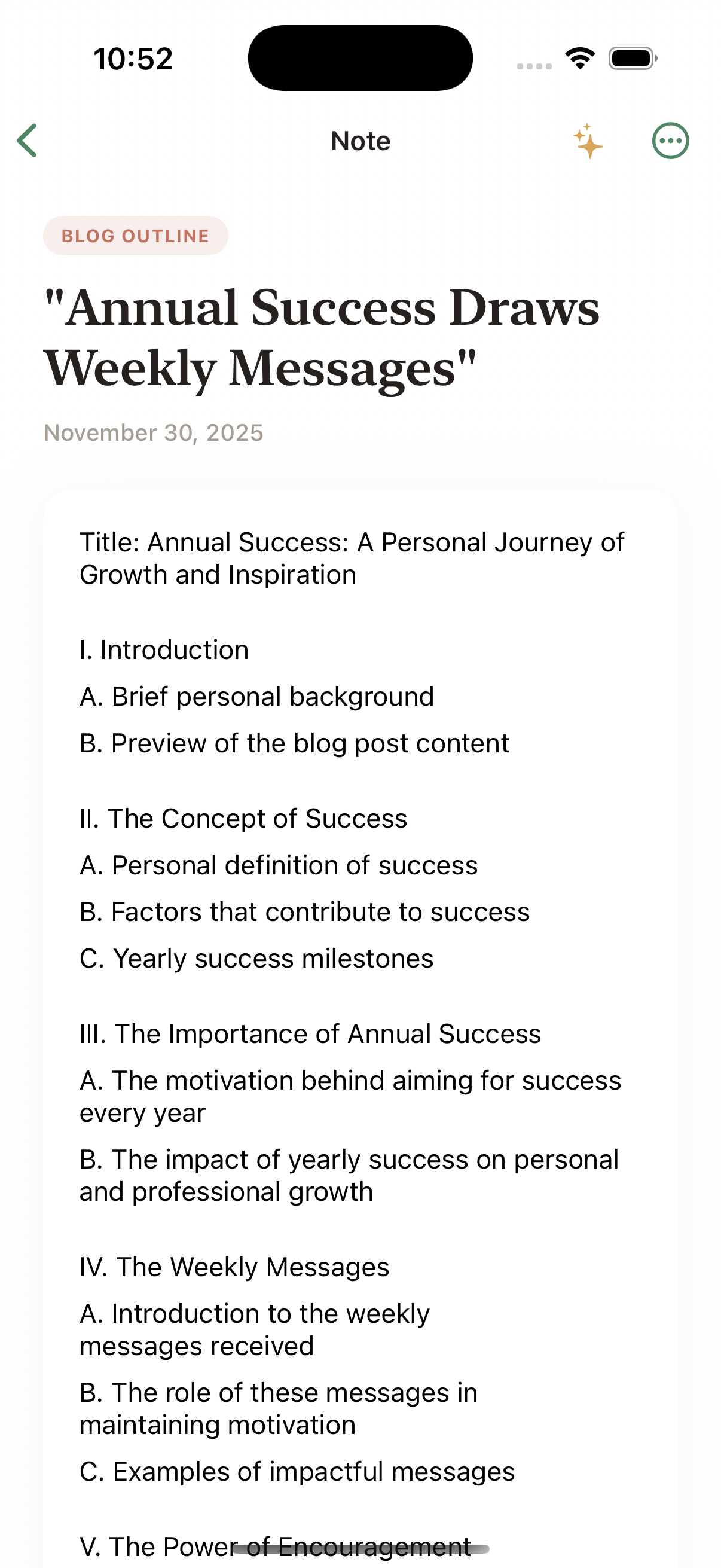 AI-generated blog outline with structured sections from voice recording