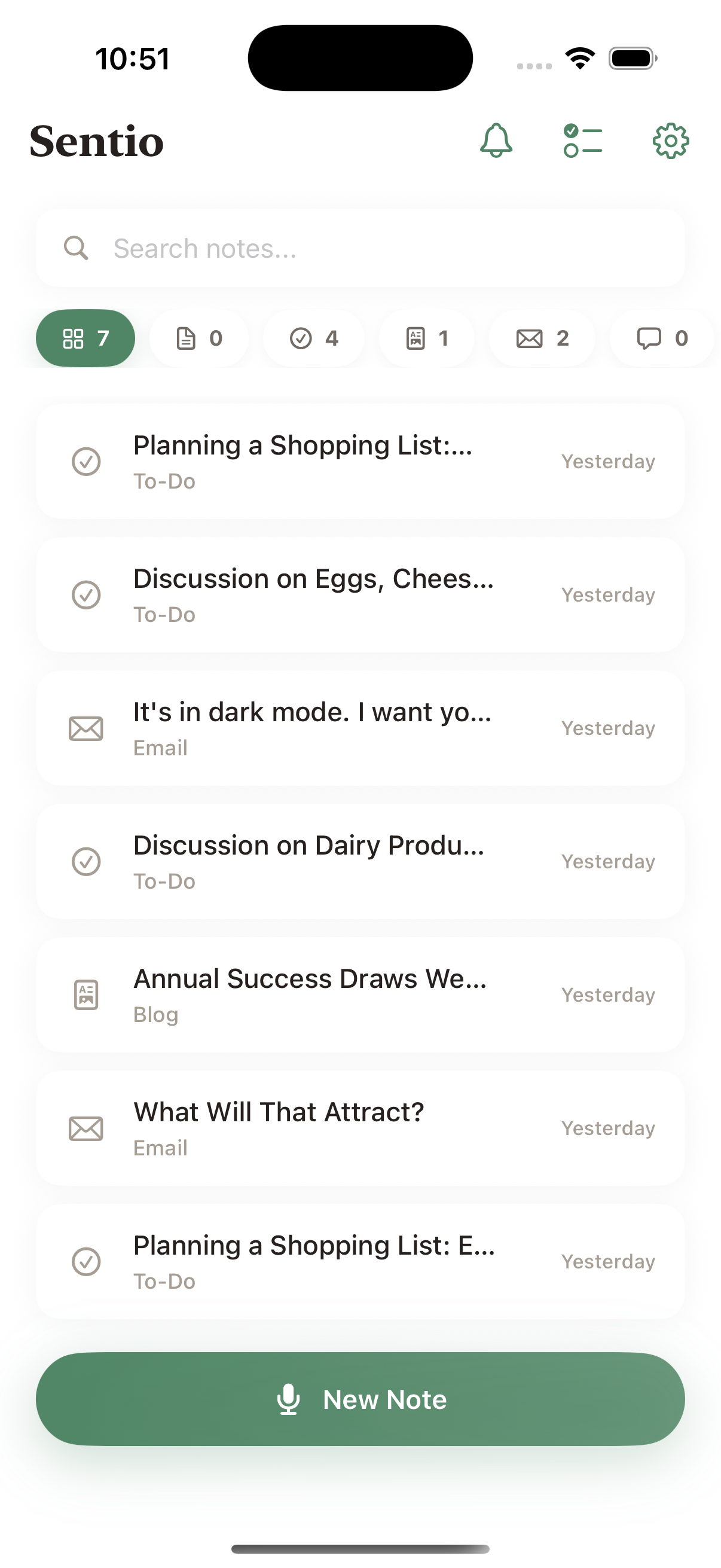 Sentio home screen showing organized notes list with different content types